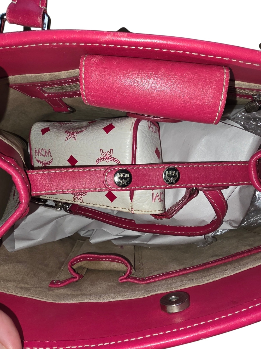 MCM Beige & Pink Visetos Tote w/ Matching Wristlet & MCM Charm & silver Hardware - Picture 13 of 16